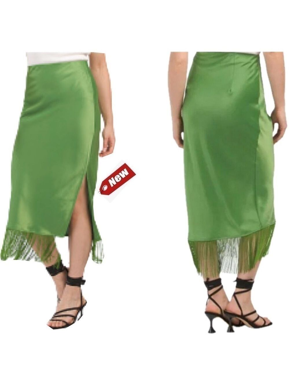 Rachel Zoe Green satin effect fringe tassel trim midi slip skirt Sz 6 NWT